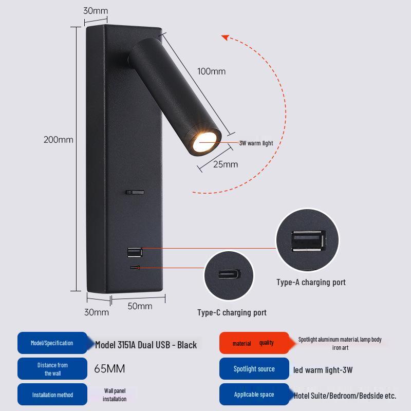 Rotatable Type-C USB Wall Lamp with Switch for Bedroom, Study, or Hotel