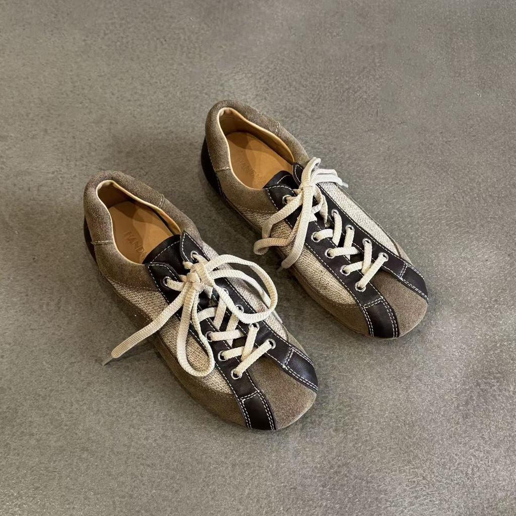 Sheepskin version~ 2025 new retro casual color matching sports flat-bottomed Forrest Gump shoes round head lace-up German training shoes women's