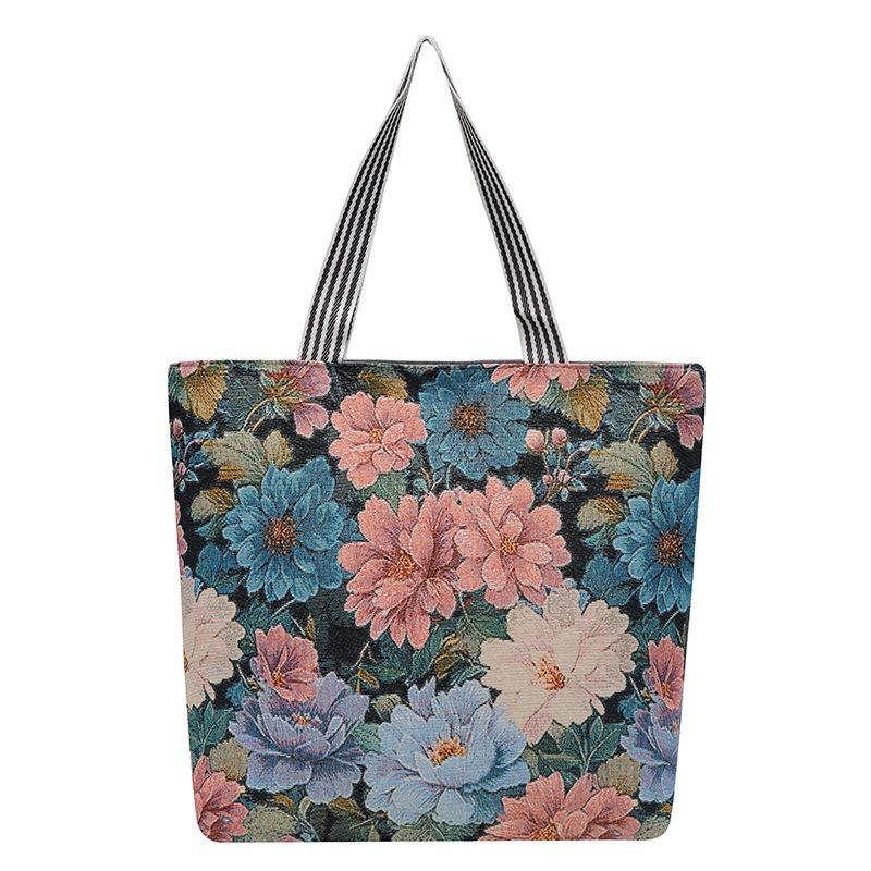 Large capacity tote bag gold silk embroidery canvas bag source creative pattern single-sided embroidery women's shoulder bag
