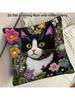 1Pc Vibrant Floral Tuxedo Cat Decorative Cushion Cover, 2D Print Polyester Pillow Case For Sofa Bed Car Office Home Decoration