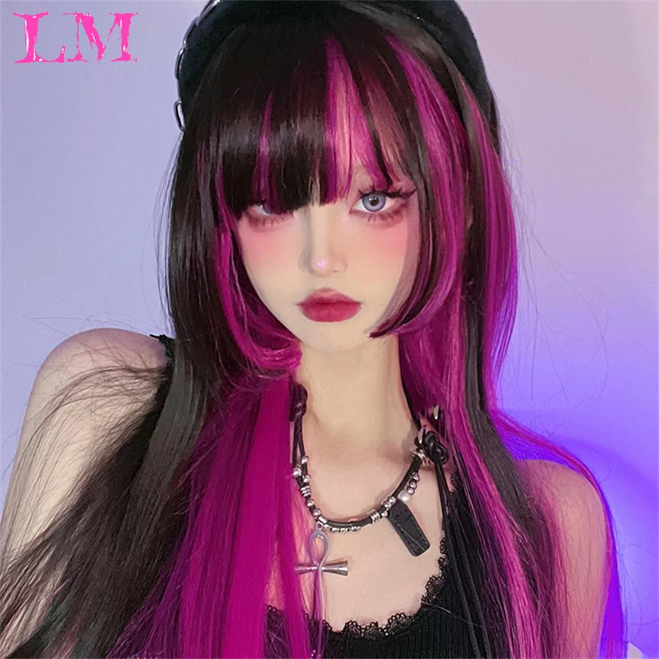 LM Black And Rose Straight Hair Wig Synthetic Long Wavy Wigs with Bangs for Women Cosplay Natural High Temperature Fiber
