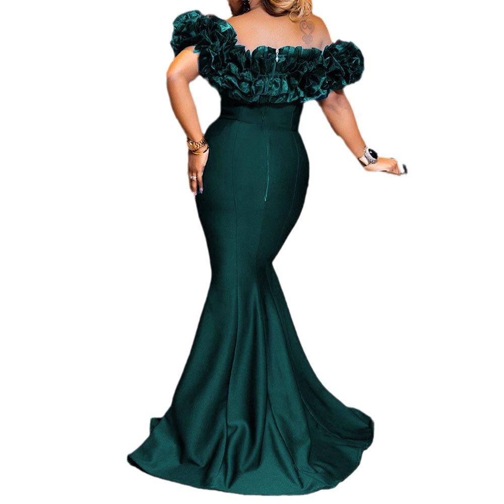 2025 Autumn European & American Ruffle Off-Shoulder Slimming Dress with Small Train
