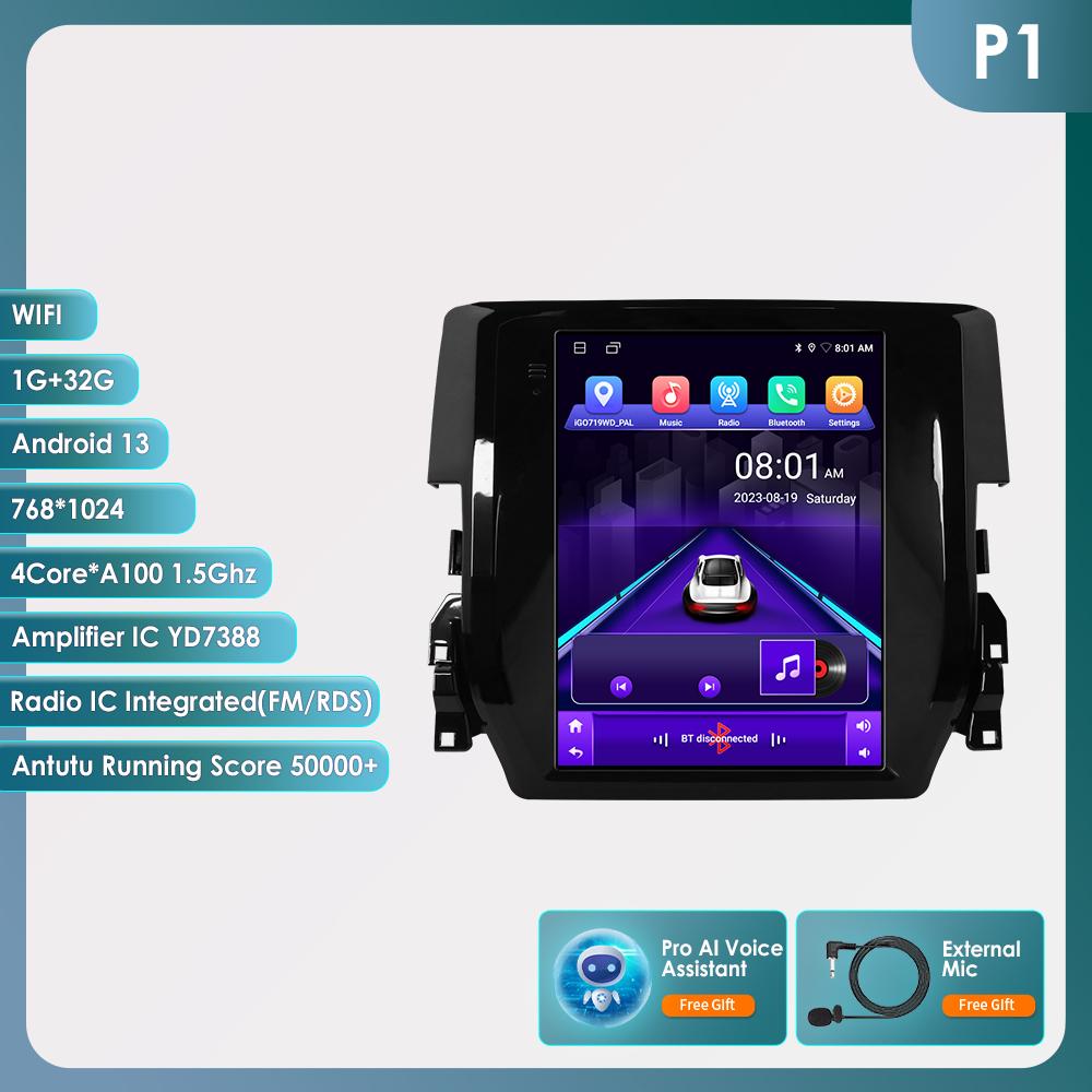 Ossuret Android Car Radio for Honda Civic 2015-2020 Multimedia Stereo 9.7inch Vertical Screen Carplay Android Auto Intelligent Screen GPS Stereo RDS