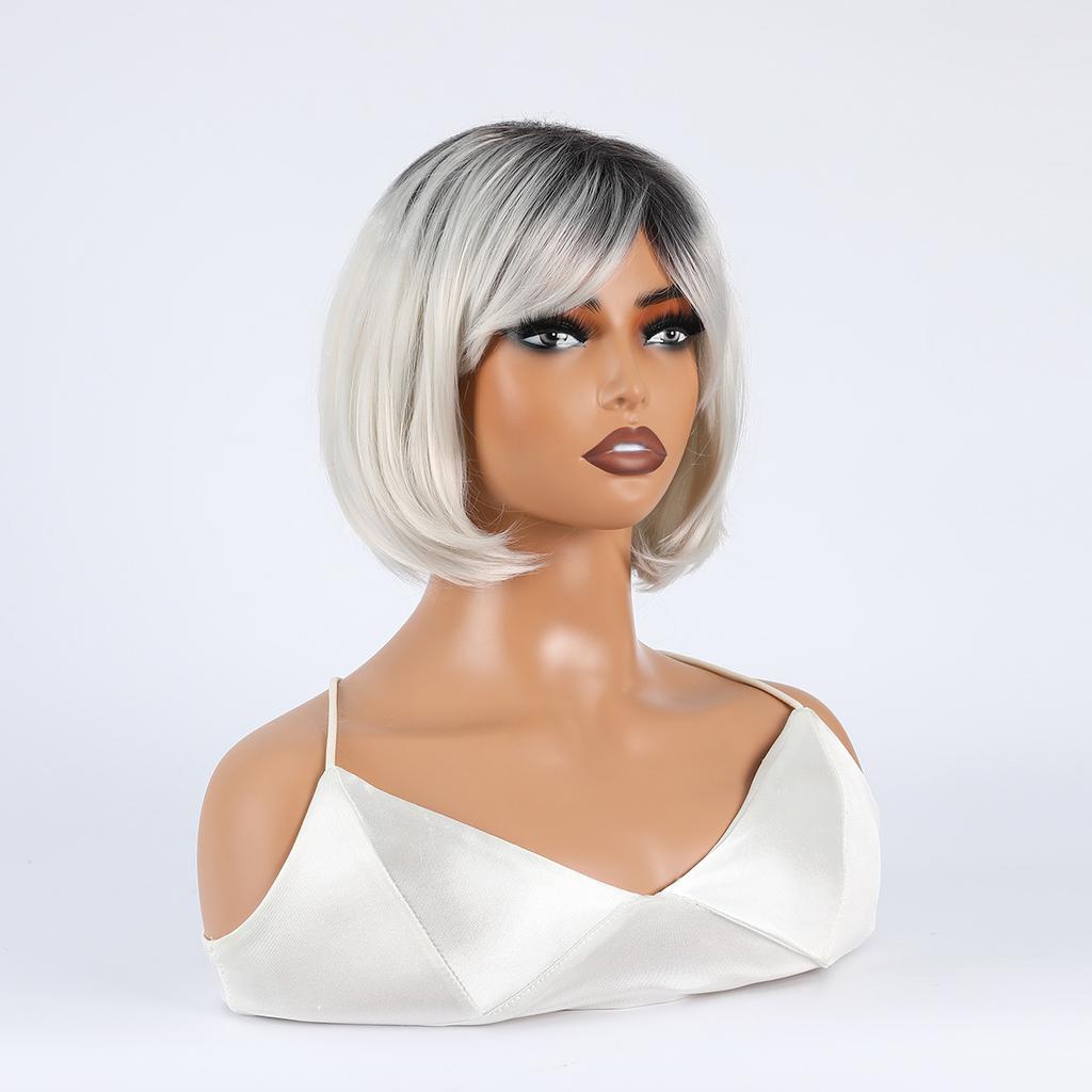 Ladies Short Straight Bob Synthetic Wigs for Women Fluffy White Black Gray Silver Wig Cosplay Party Daily Heat Resistant Fiber Hair