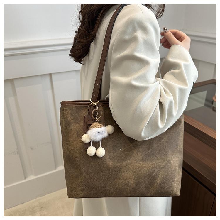 Simple Solid Color Tote Bag Women Large Capacity Faux Leather Shoulder Handbag Urban Commuter Bucket Purse