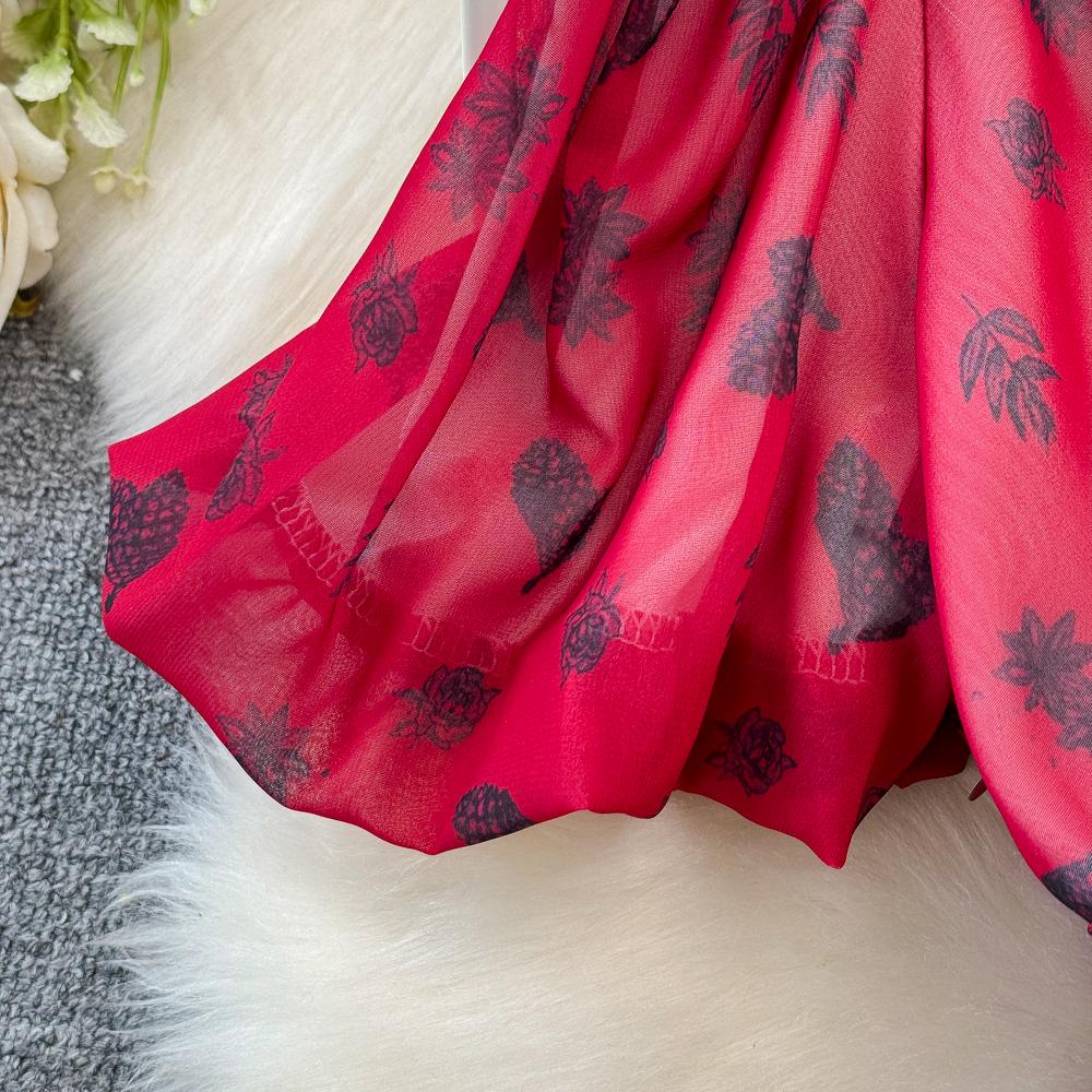 Fashion Dress for Women V Neck A-line Flounced Edge Printing Chiffon Vestidos Lace-up Folds Lining Dresses Summer