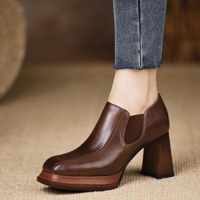 Block Heel Single Shoes  Autumn New Square Toe Platform Slip-On Non-Slip Wear-Resistant High Heels