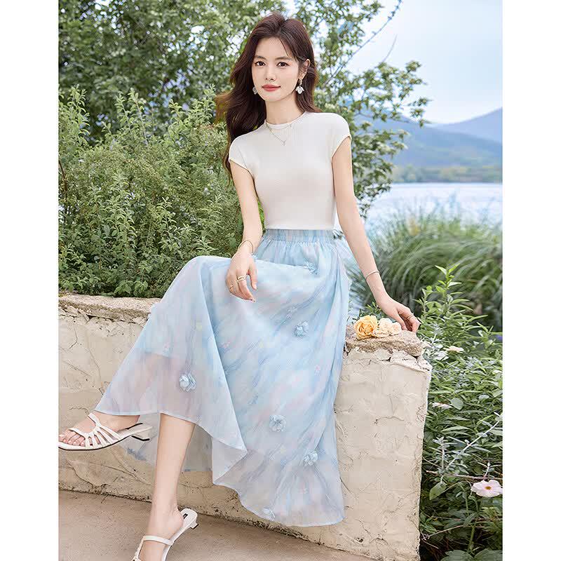 Elegant Summer Embroidered Mid-Length Skirt L