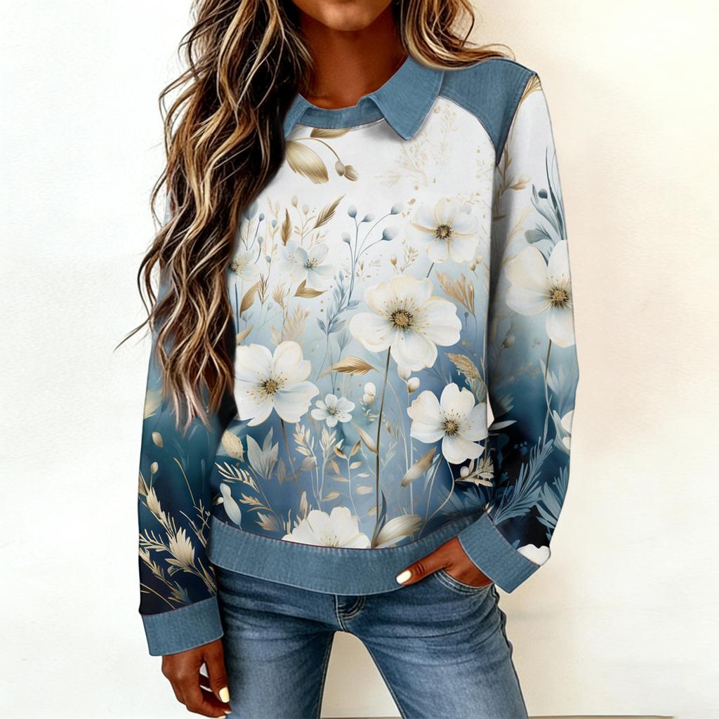 Women's Fashion Flared Long Sleeve Denim Patchwork Sweatshirt Print Casual Pullover Top