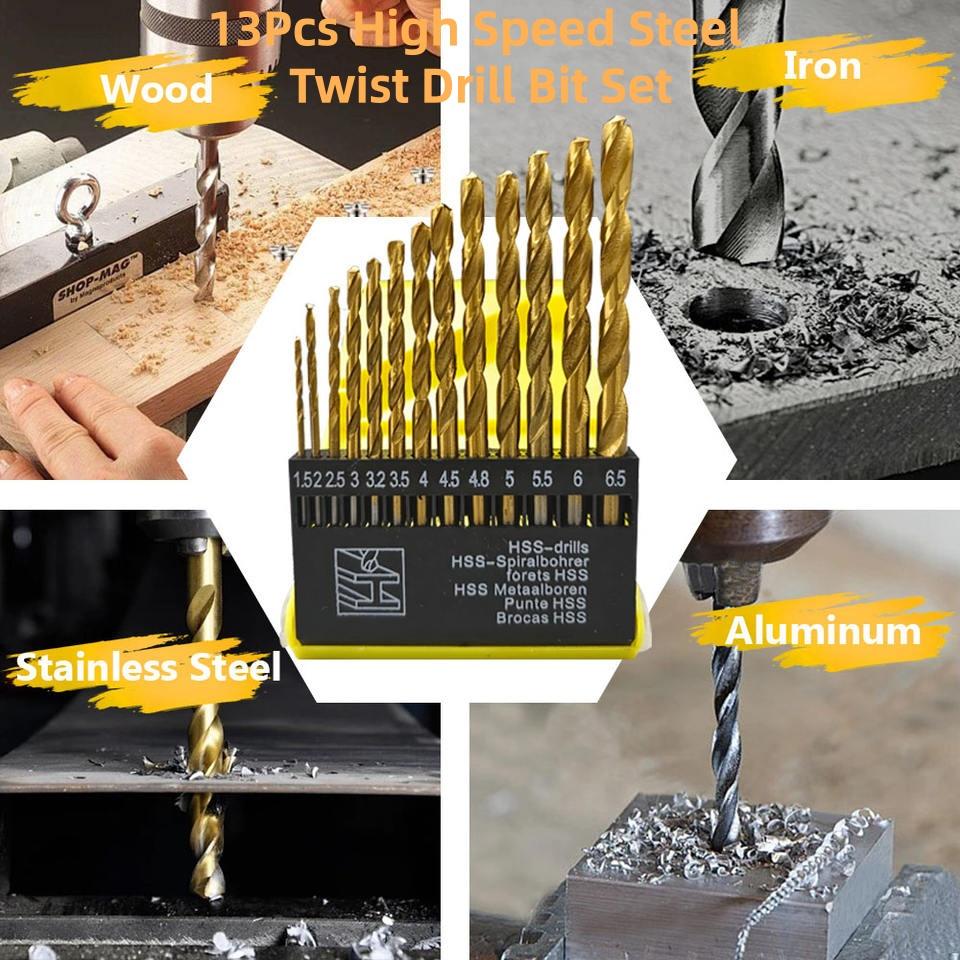 13Pcs High Speed Steel Twist Drill Bit Set 1.5 - 6.5mm Titanium Coated HSS Drill Bits