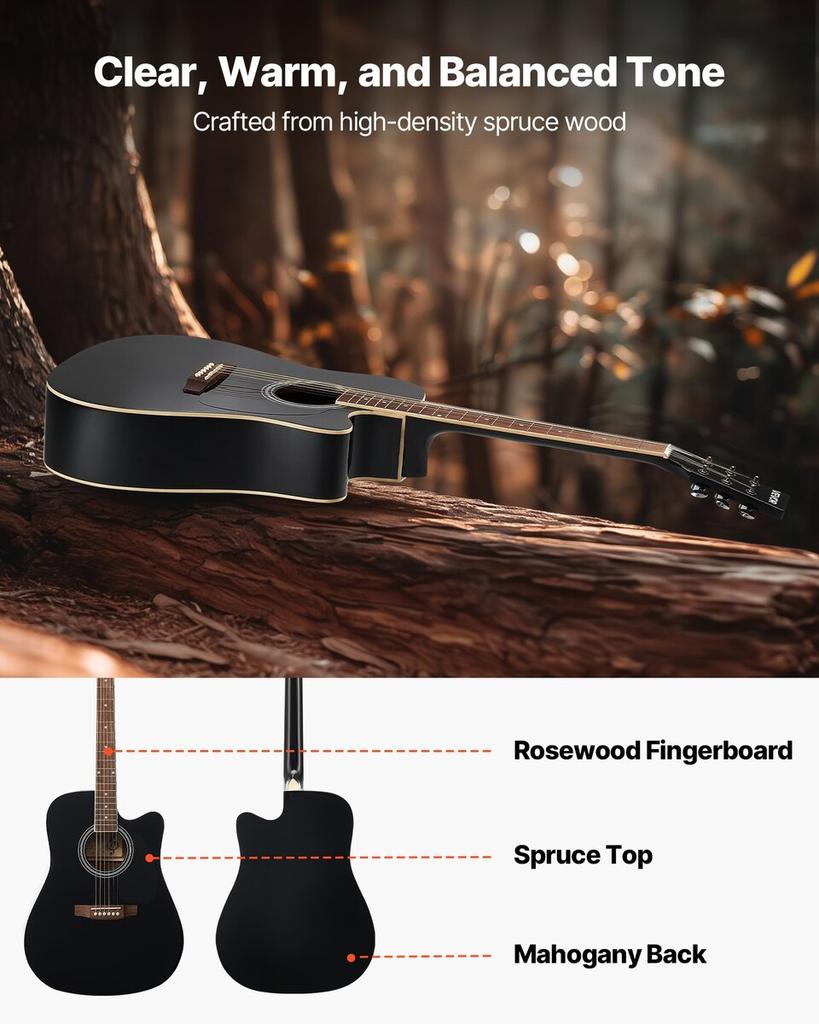 41 in Cutway Acoustic Guitar Beginner Bundle with Gig Bag for Adult Black
