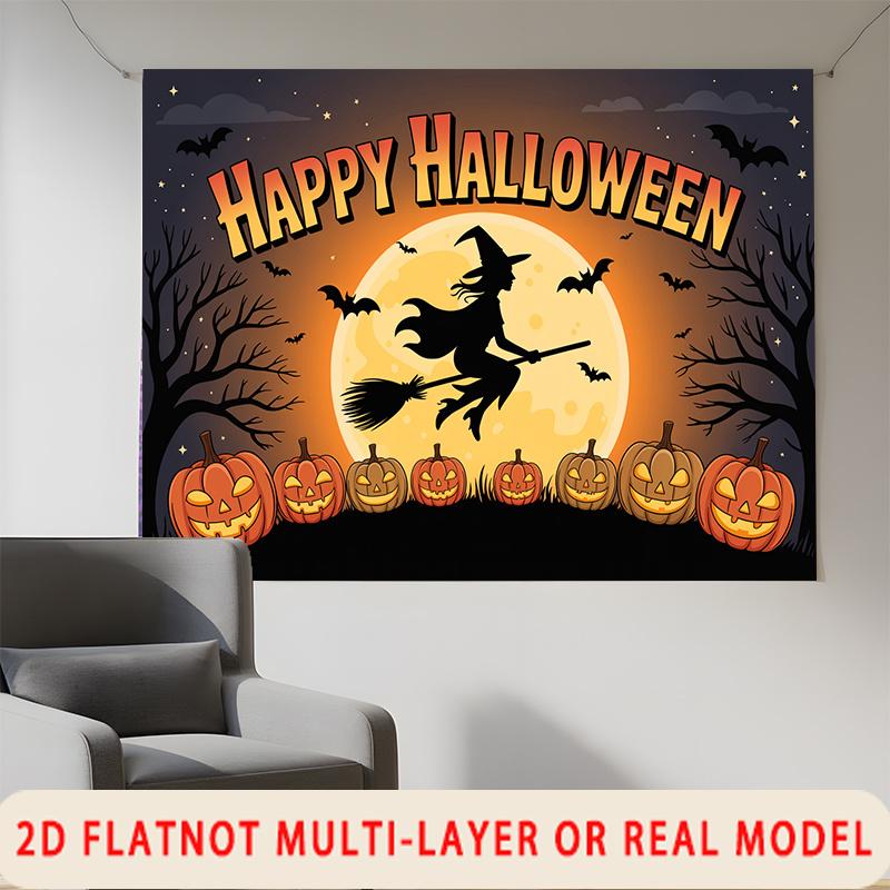 Party Backdrop Halloween Flat Witch Silhouette Pumpkins Multi Layered Celebrations Photo Booth Decor Front Door Decor