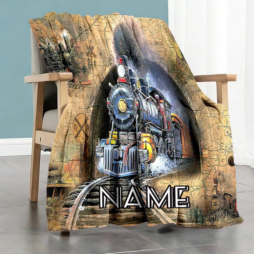 Retro Train Customize Your Name Blanket Lightweight Personalized Blanket Soft Warm Cozy Perfect for Seaside Livingroom Chair Nap Four Seasons Universa