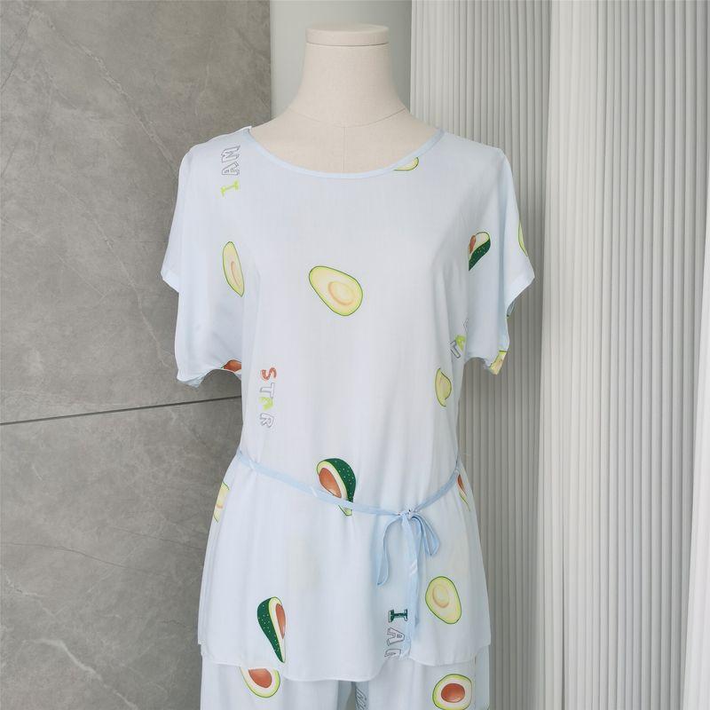 Summer High-End Poplin Pajamas Homewear Suit Loose Clothes round Neck Short Sleeve Cropped Pants Print Pullover Pajamas