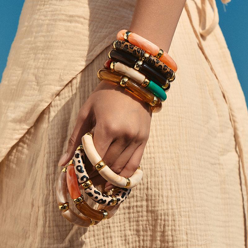 Mixed Color Bamboo Tube Acrylic Elastic Bracelets For Women Men  Resin Chunky Elbow Beaded Bangle Stack