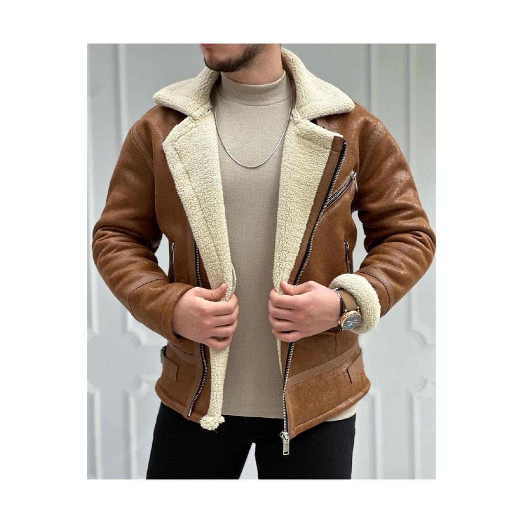 Men's Stone White Napa Leather Coat With Full Shearling Inside Northern Model Coat