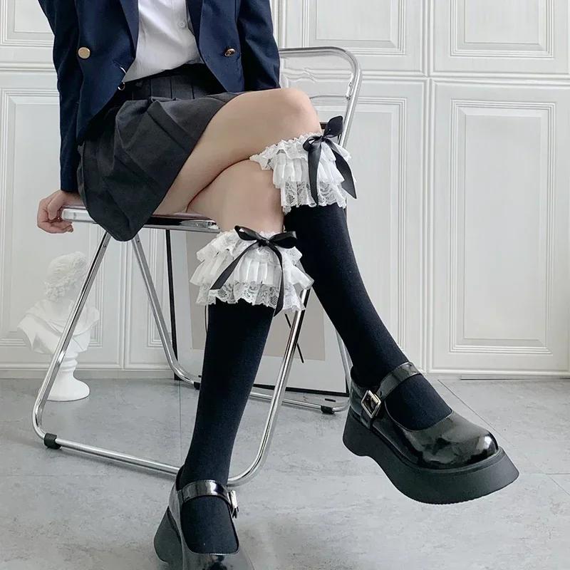 Kawaii Lolita Lace Calf Stockings Multi Layer Bow Cotton Jk Japanese Long Stockings Vintage Gothic Palace Cosplay Accessories