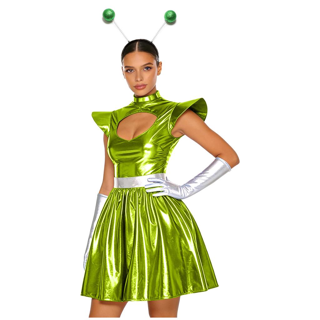 Womens Alien Astronaut Cosplay Dress with Gloves and Hair Loop Set Cutout Neck Metallic Shiny Dress for Halloween Spaced Themed Party