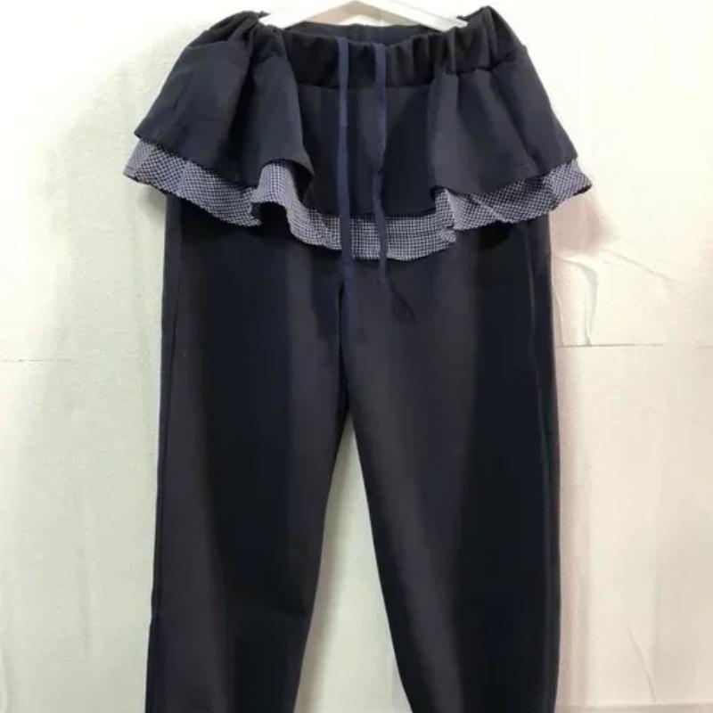 European and American Women's Autumn and Winter Cute Small Grid Lotus Leaf Patchwork Skirt Pants Elastic Waist Casual Pants