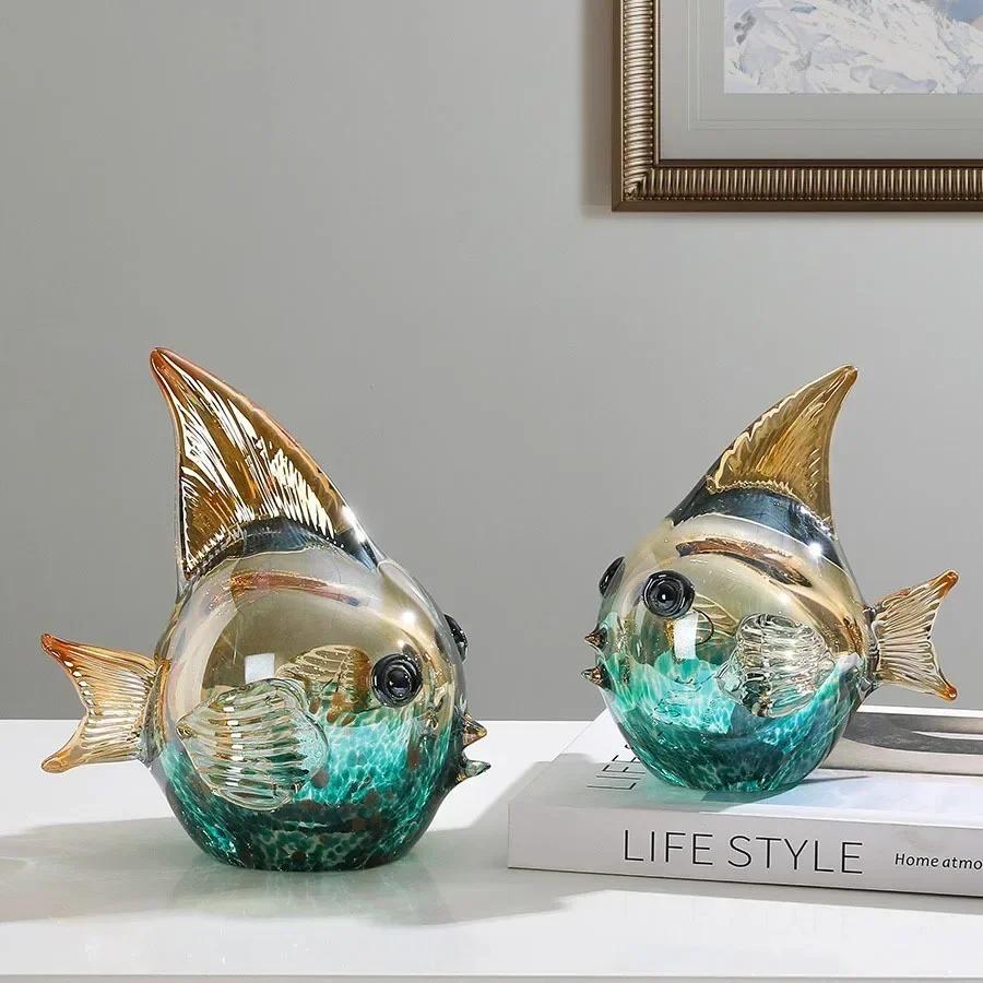 Glass Gradient Colorful Fish Statue Crystal Fish Figurine Sculpture Room Fish Tank Aesthetic Ornament Home Desk Decor