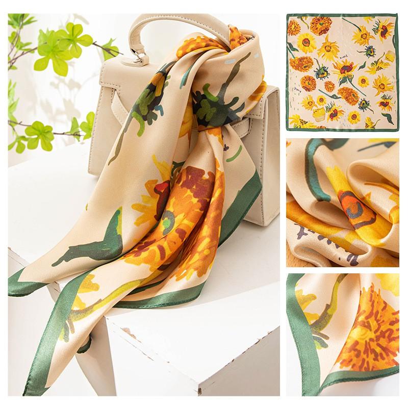 Black Coffee Leaf Print Silk Scarf 65x65cm Elegant Womens Square