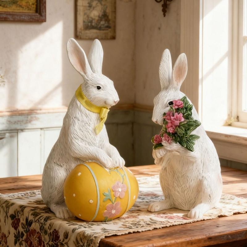 Resin Bunnies Figurine Easter Rabbit Statue Indoor Easter Decoration Modern Art Spring Home Decors,Bunnies Sculpture