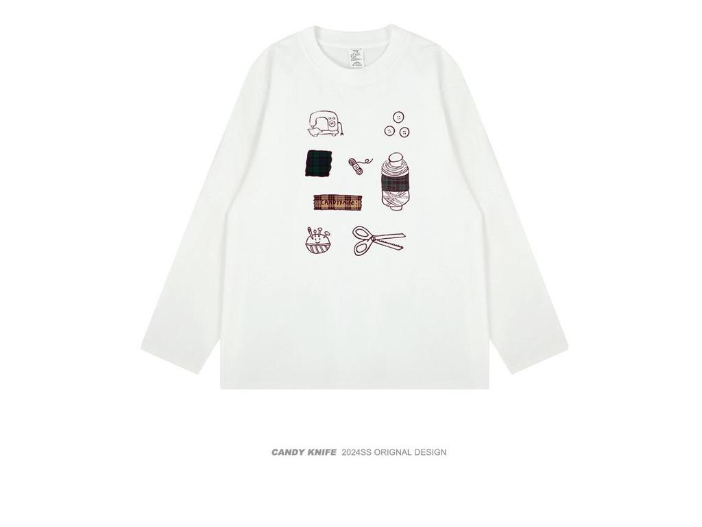 Unisex Korean Style Long Sleeve Cotton T-Shirt with Original Funny Print for Autumn/Winter