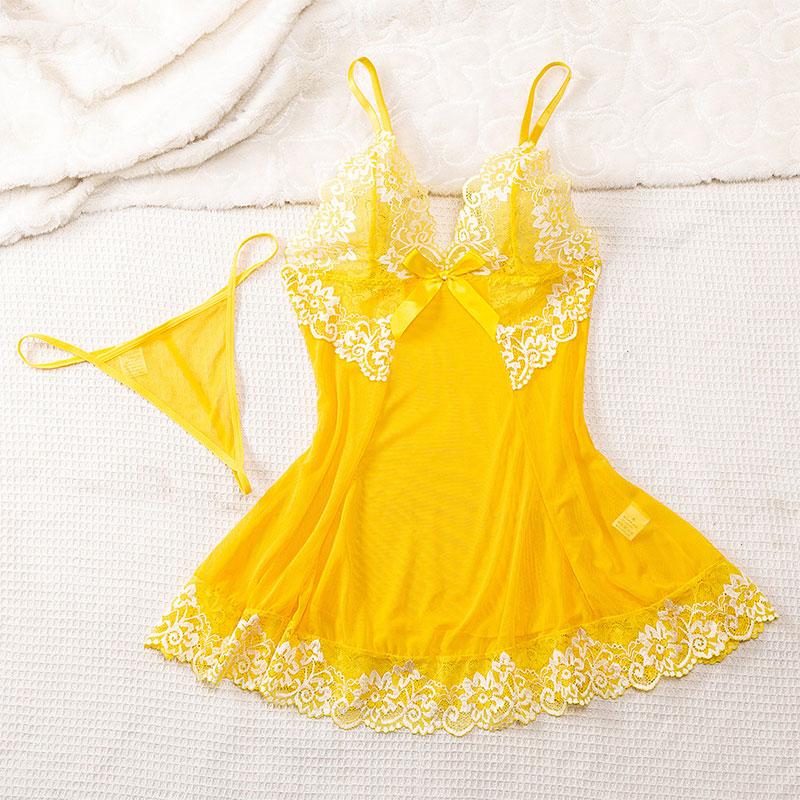 Transparent Thin Style G-string Lace Ruffle Trim Lingerie Set Women Nightgowns Sleeveless Sleepwear Sexy V-Neck Bra Panty Sets