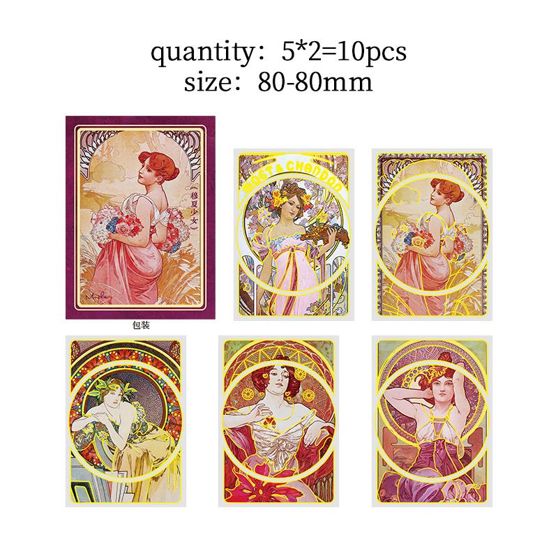 10 pcs/lot Mucha theme Stickers Diy Decorative Scrapbooking Diary Stick Labels Album hand made Collage material