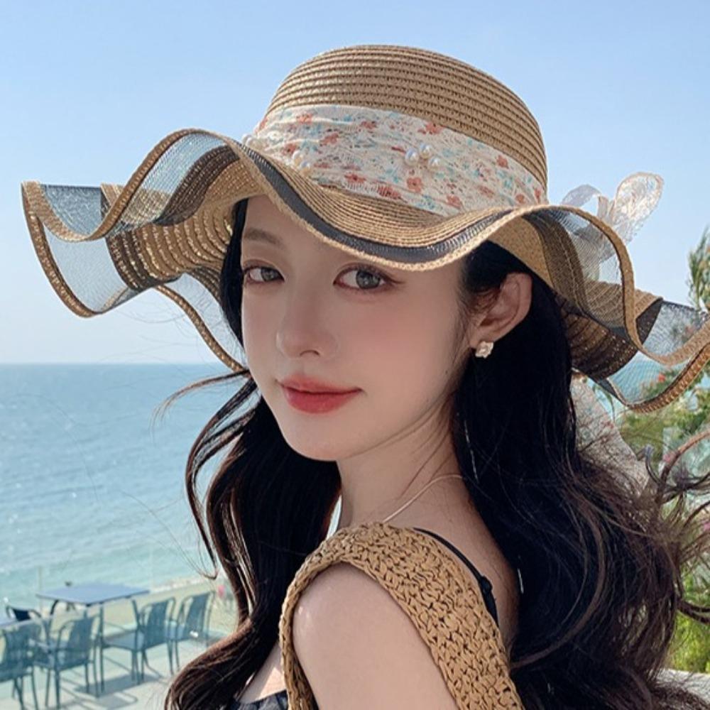 Bowknot Wide Brim Sun Hat Breathable Fisherman Sunshade Cap Fashion Lace Streamers Straw Hat  Girls