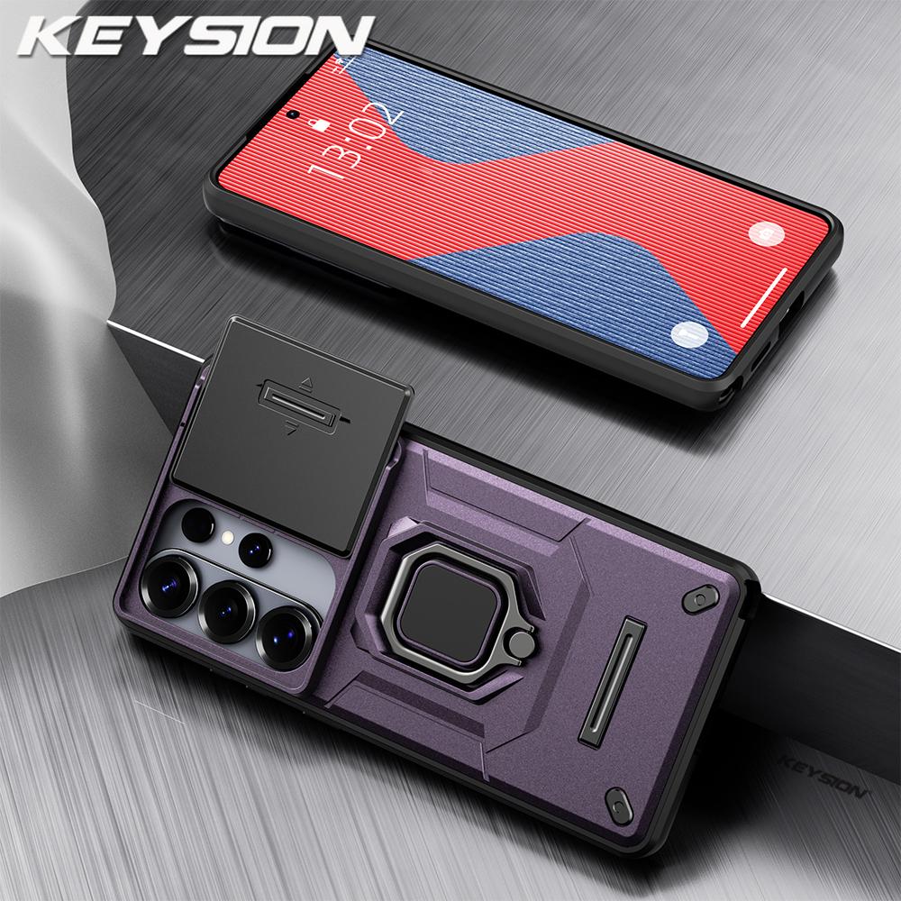 KEYSION Shockproof Armor Case for Samsung S26 Ultra 5G Slide Camera Lens Protection Ring Stand Phone Cover for Galaxy S26+ Plus