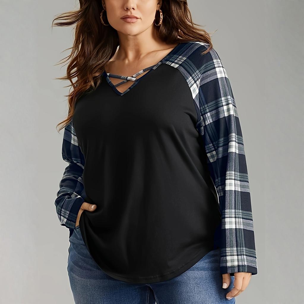 Ladies' Casual And Fashionable Plus Size Checkered Printed Patchwork Long Sleeved V-neck Top