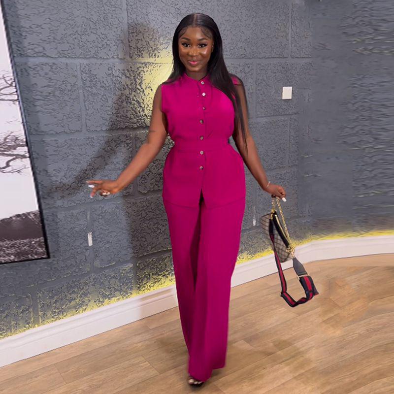 2025 Summer Women's Wear: Stand-up Collar Buttoned Sleeveless Top & Wide-leg Pants Set