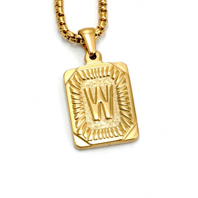 18K Gold Square Double-sided English Letter Pendant for Men, Titanium Steel Necklace