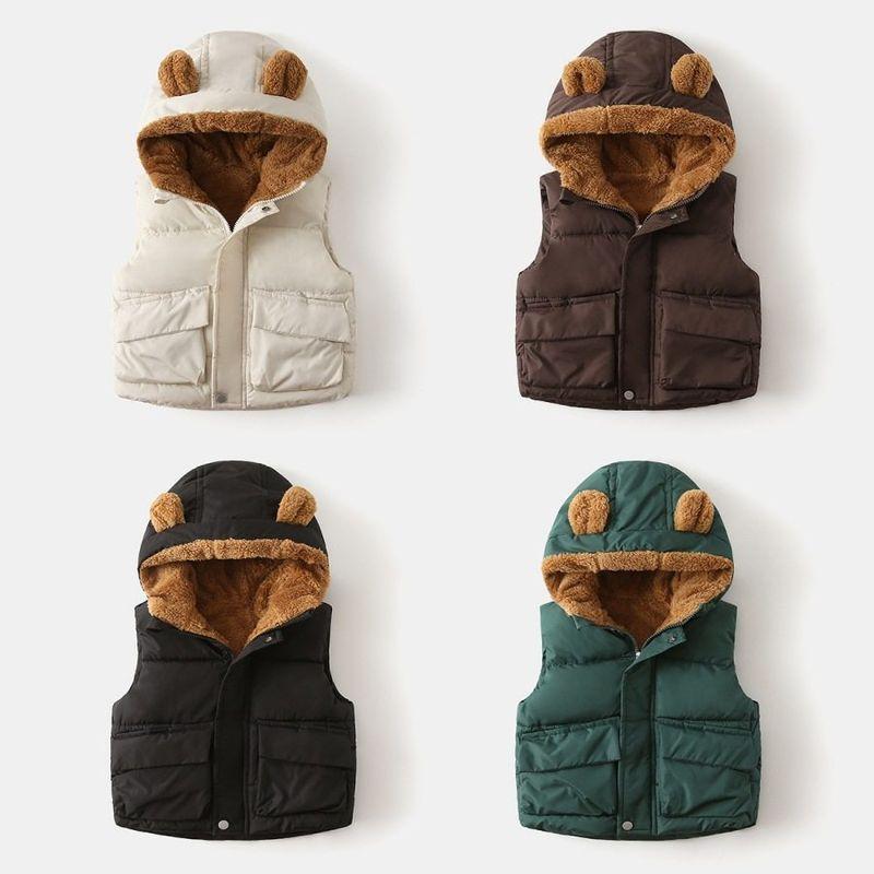 Thickened Cotton Coat for Boys and Girls, Winter Hooded Solid Color Fleece Vest, Cartoon Children's Clothing, Baby Cotton Jacket with Zipper