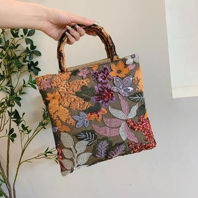 2024 Women's Cross-border Linen Bamboo Handbag with Embroidery and Sequins