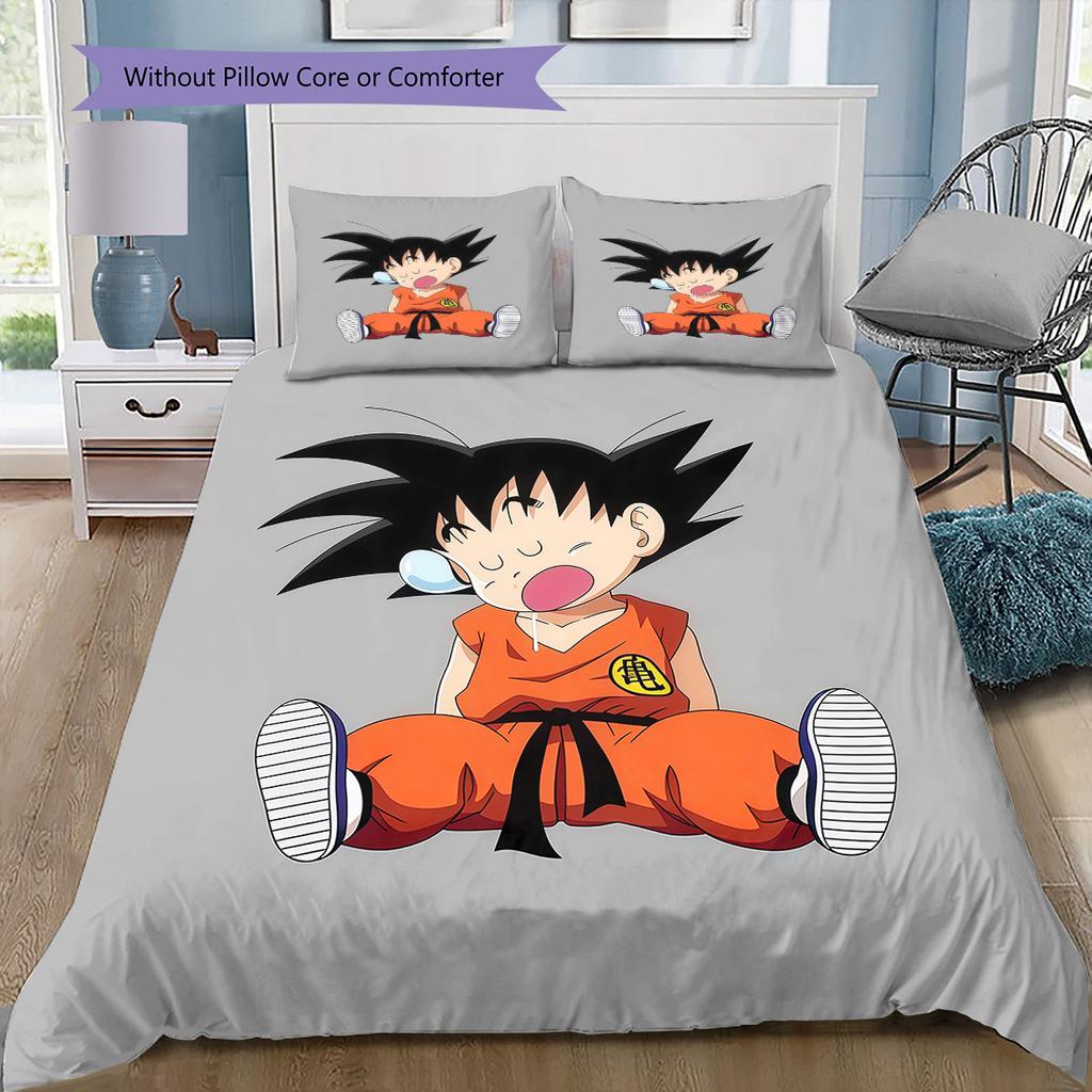 Cute Cartoon Son Goku Pattern Bedding Quilt Set Quilt Cover Pillowcase Home Birthday Gift(1 * Duvet Cover + 2 * Pillowcase, Without Core)