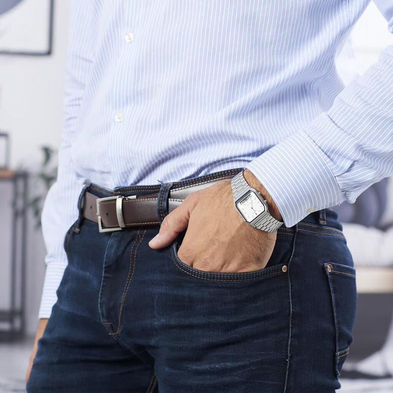 Casio YOUTH Series-Square Plate Double Display Retro Small Square Steel Belt Waterproof Shi Ying Movement Stainless Steel Strap AQ-230A-7DMQYES