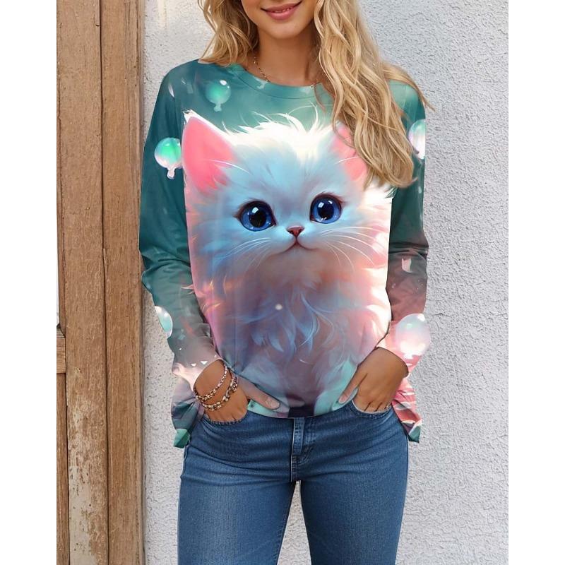 

Women s T shirt Crew Neck Long Sleeve Tunic Cat 3D Funny Round Neck Regular Tops 2XL
