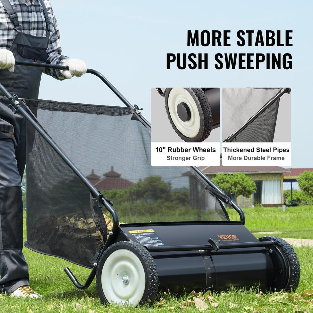 Push Lawn Sweeper, 26-inch Leaf & Grass Collector, Strong Rubber Wheels & Heavy Duty Thickened Steel, Durable to Use with Large Capacity 7 cu. ft.
