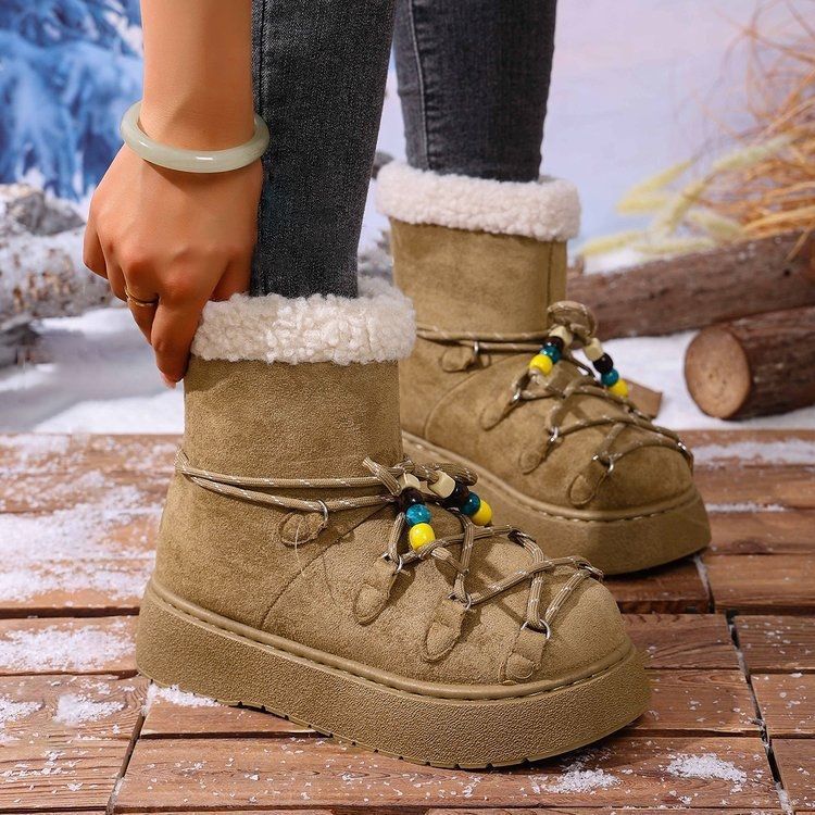 Niche design sense straps snow boots women's thick-soled non-slip velvet thermal lace-up cotton shoes 2025 autumn and winter new