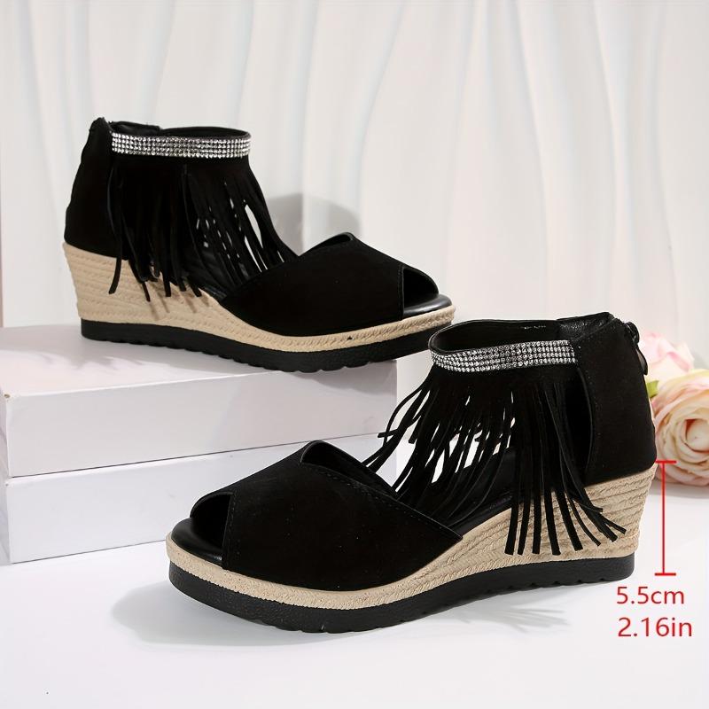 Women's Rhinestone-Embellished Wedge Sandals with Tassel Detail - Open-Toe Platform Heel, Faux Cover Upper & Sole, Thick Cushioned Sole