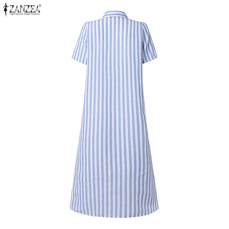 ZANZEA Women Casual Turn Down Collar Short Sleeve Stripe Shirt Dress
