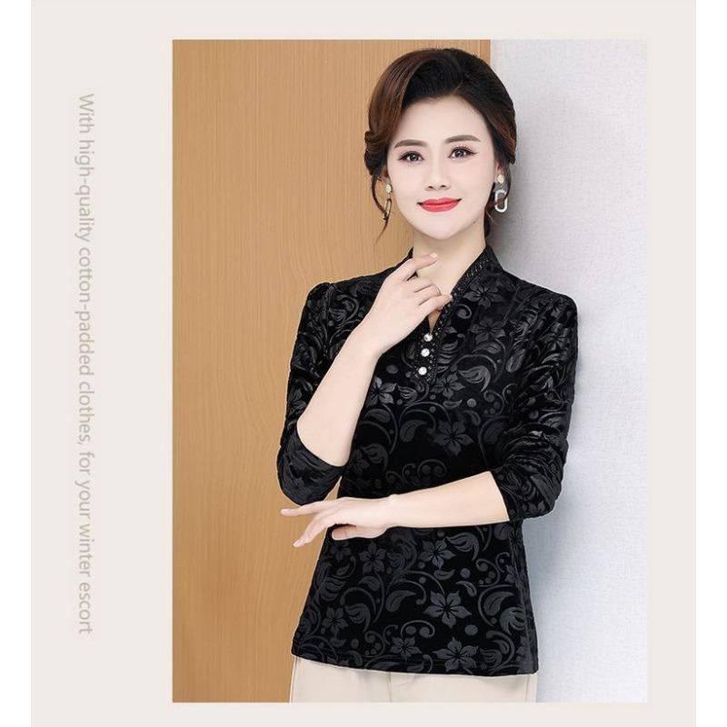 Top Tricou cu Mânecă Lungă, Slim, la Modă, cu Gât în V, cu Nasturi și Imprimeu, pentru Toamnă