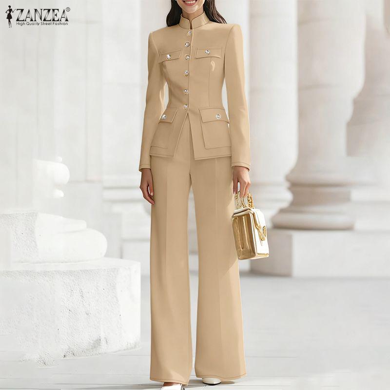 ZANZEA Women Long Sleeve Blouse and Long Pants Casual Two Piece Suit Sets