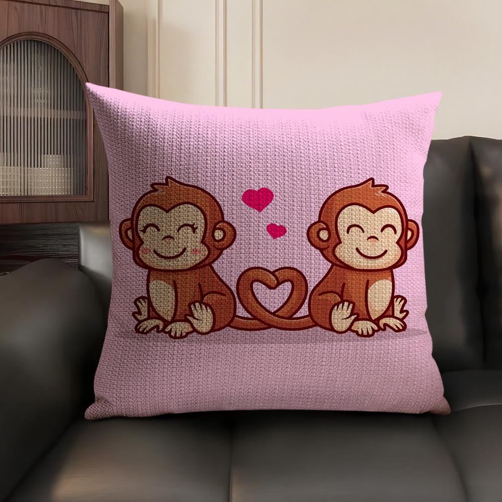 Happy Monkey Cushion Cover Summer Breathable Linen Organic Fabric Double-Sided Printing Sofa Pillow Case Home Decor