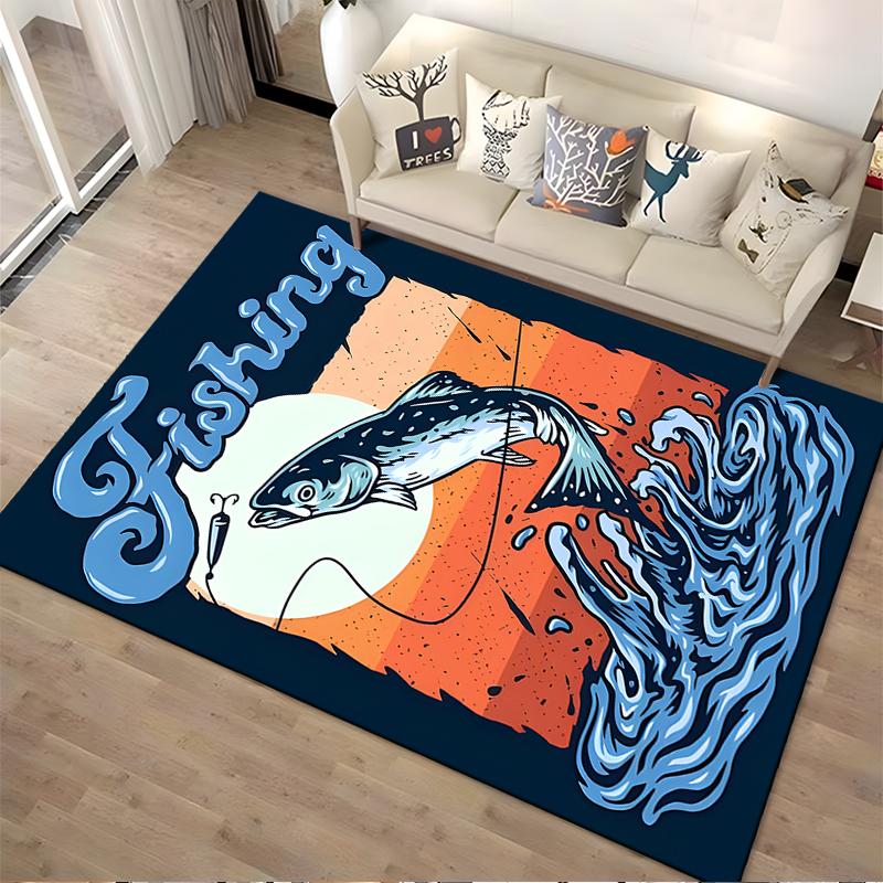 Fishing Theme Carpet with Jumping Fish and Sunset Design, Blue-Orange Suitable for use as an anti-slip for living room bedroom sofas