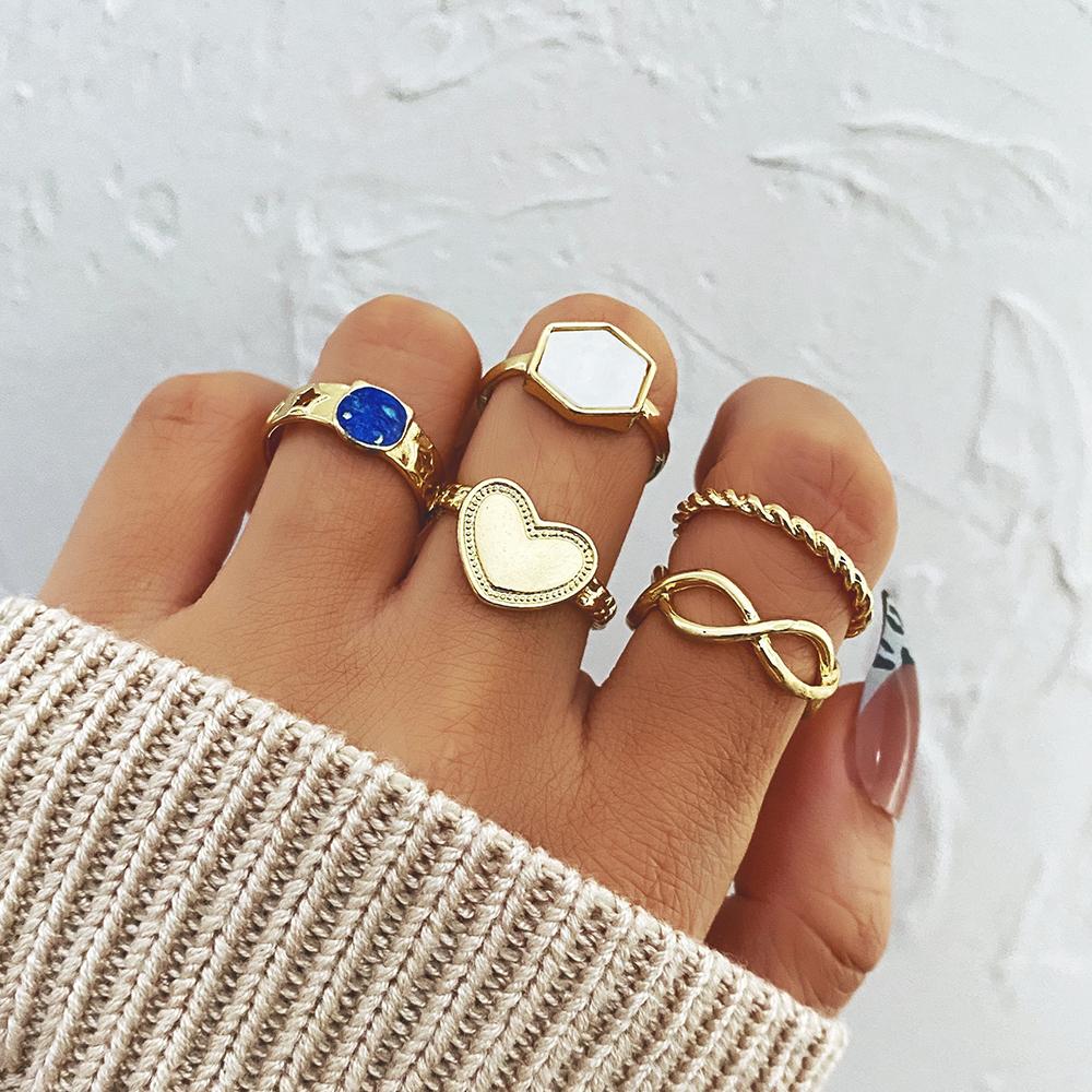 Módní Retro Ring Set Ženy Punk Metal Jednoduchá Osobnost Star Love Heart Ring Šperky dárek