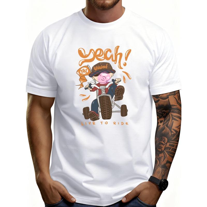 

European sizes Casual Cartoon Style Men s T-Shirt with Go Kart Racing Character And Yeah Live to Ride Slogan Summer Wear for Motorcycle Enthusiasts S белый