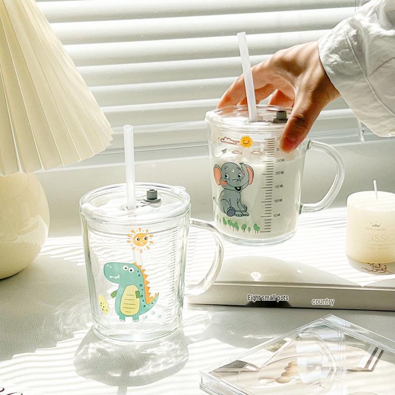 Cartoon Handle Straw Cup: Heat-Resistant Glass with Printed Logo and Measurement Scale, Perfect for Milk and Breakfast